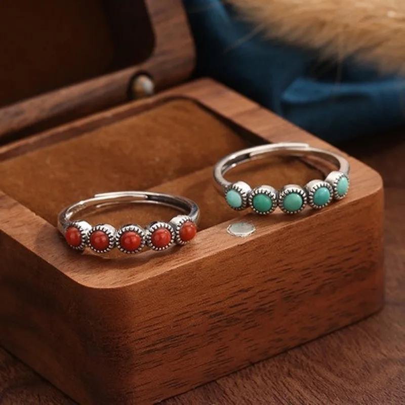 S925 Silver Vintage Red Agate Elegant Hong Style Open Ring Women