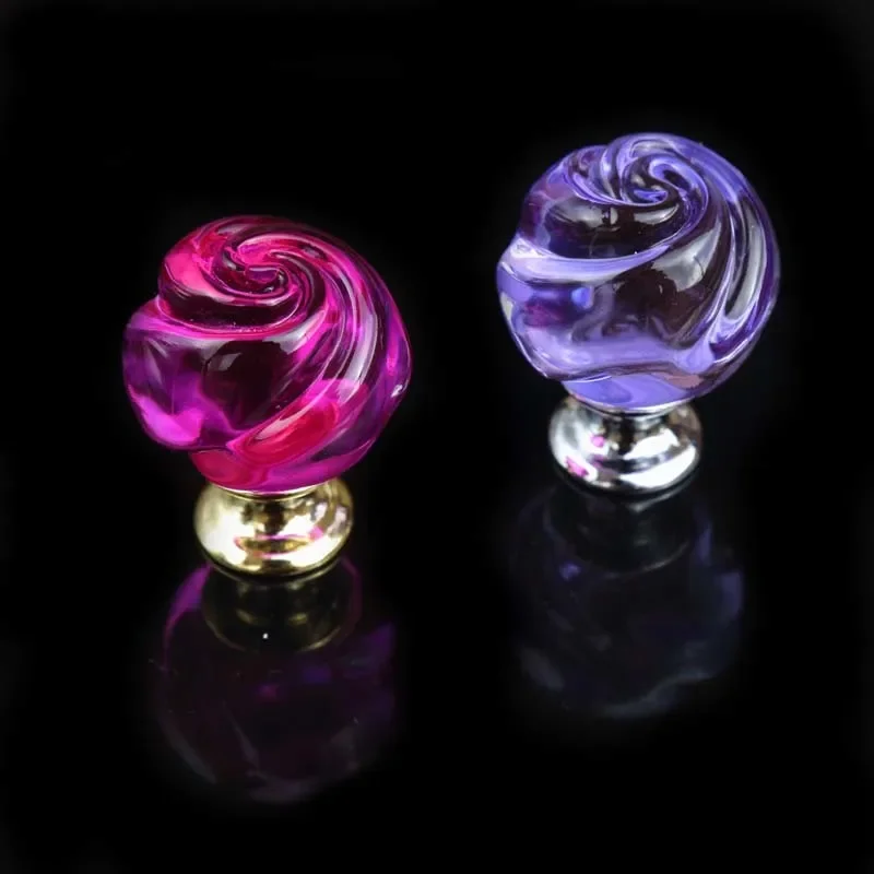 Glass Rose Knobs Purple Pink Glass Crystal Watch Tv Table Bookcase Pulls Knobs Silver Gold Dresser Kitchen Cabinet Door Handles