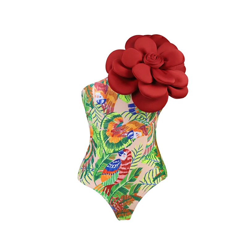 Push-Up-Badeanzug für Damen, 2026, roter Druck, weibliche Bademode, 3D-Blume, brasilianischer Biquini, Neckholder, Badeanzüge, Strandmode