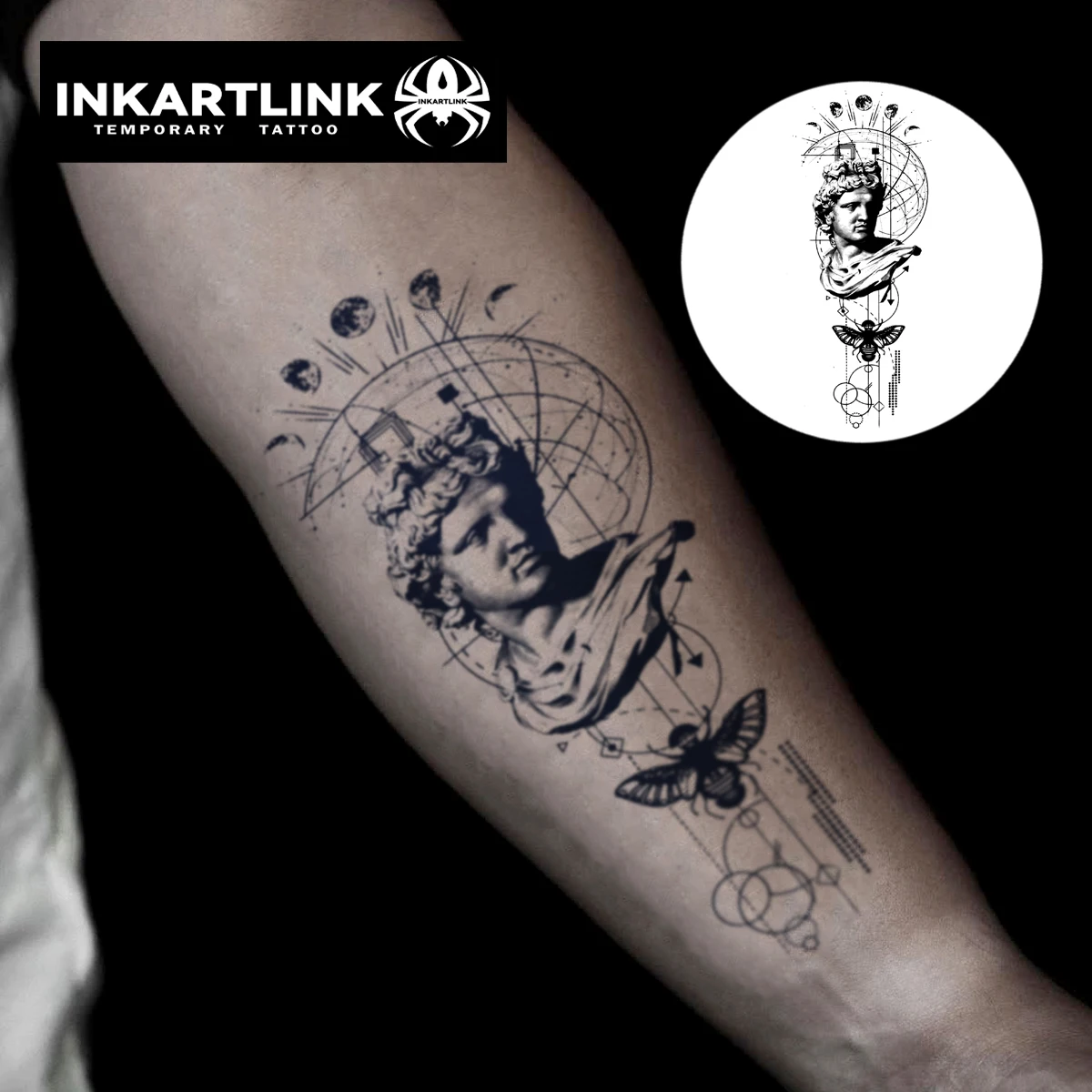 Sculpture And Insect In Moonlight Temporary Tattoo,Lasts To 15 Days New Technology Magic Waterproof Semi Permanent Sticker.