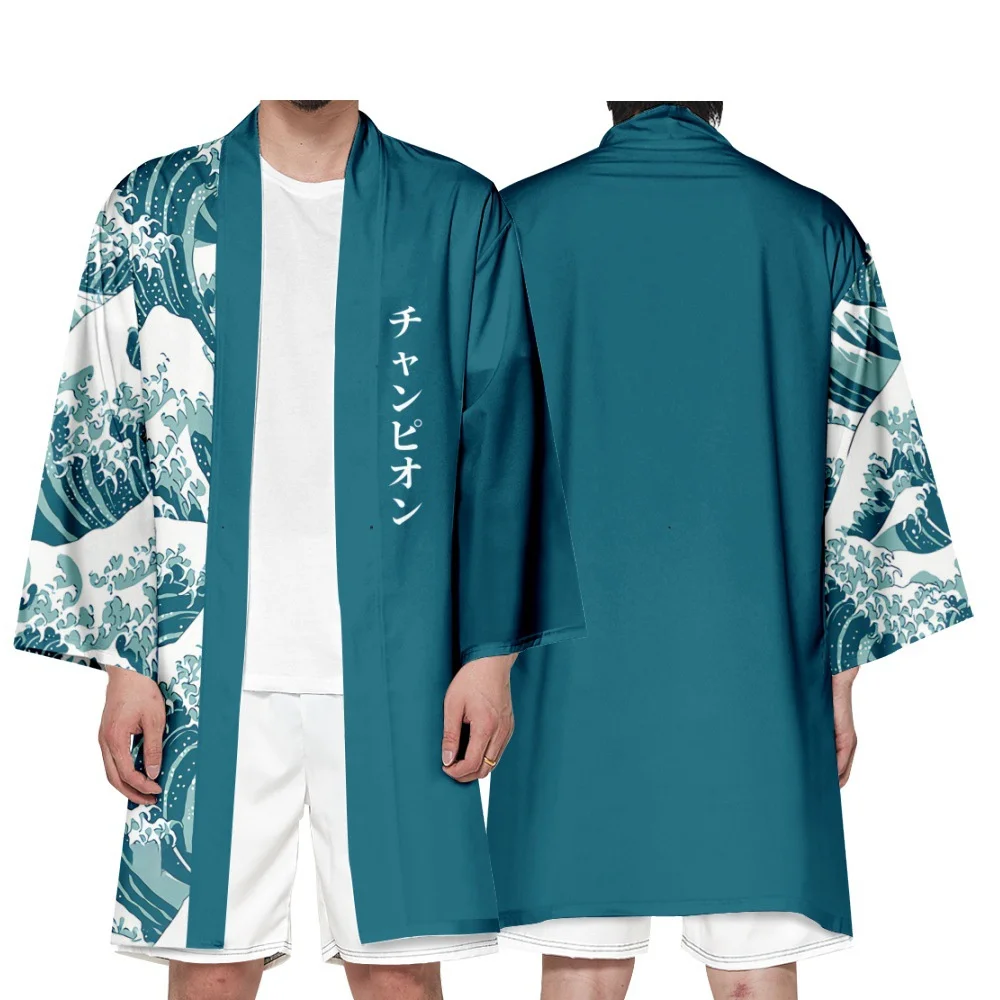 

Kanagawa Wave Yukata Men Women Cardigan Loose Blouse Haori Obi Asian Clothes Harajuku Japanese Long Kimono Shirt
