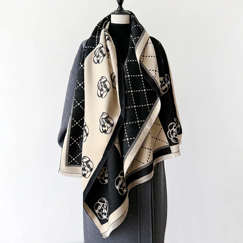 

New Brand Camellia Flowers Scarf for Women Warmer Winter Pashmina Print Scarves Shawls Female Thick Blanket Wraps Foulard