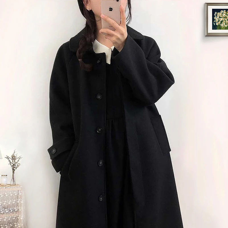 2023 Autumn And Winter New Solid Colour Double Row Of Buttons To Lengthen The Trench Coat Simple Style With Waist Lapel Coat