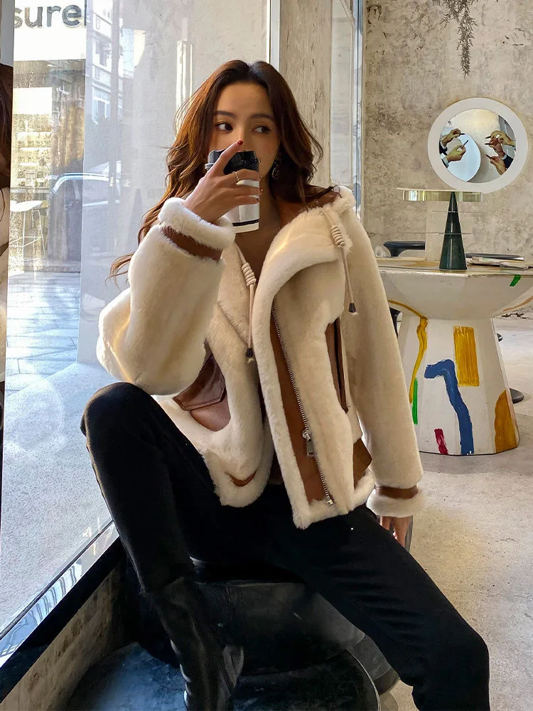 

Winter white warm artificial fur jacket Women's shawl collar raglan long-sleeved fluffy coat Korean fashion clothing