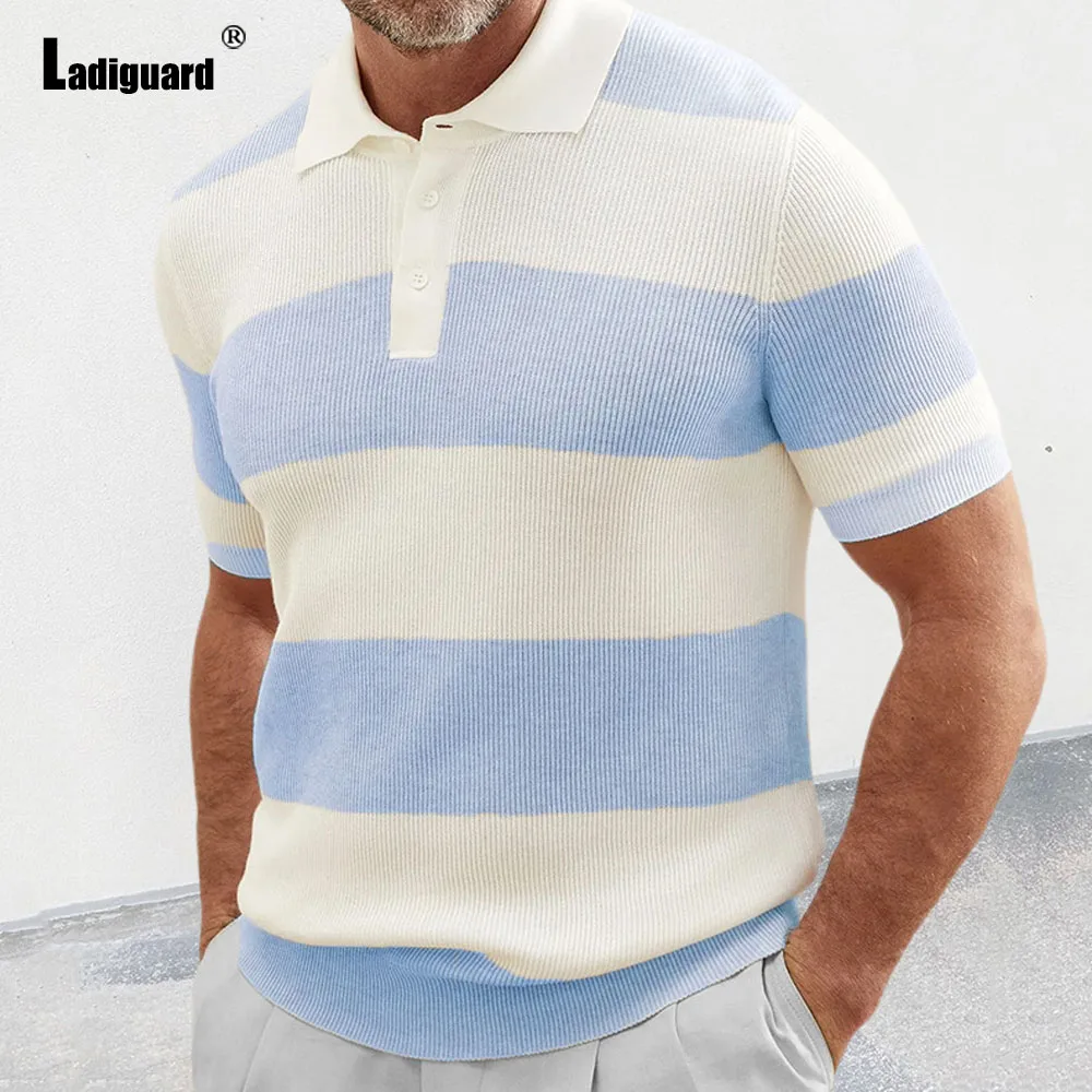2025 Summer New Knitting Polo Shirt Plus Size Mens Casual Retro Stripes Beach Pullovers Male Short Sleeve Notched Top Jumpers