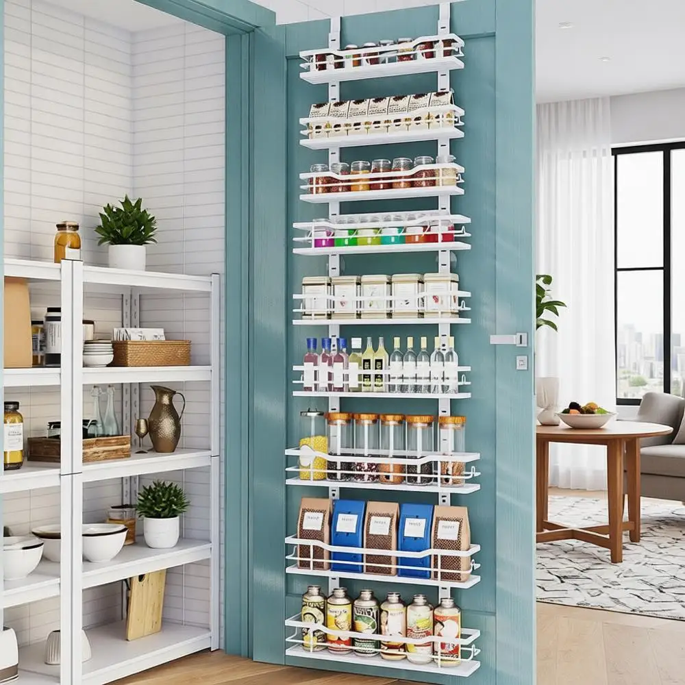 

9-Tier Adjustable Metal Door Hanging Pantry Organizer for Kitchen Storage and Seasoning Rack