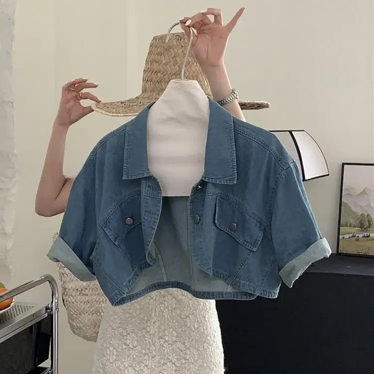 

Thin Short Sleeved Denim Jacket for Women Summer 2024 New Design Sense Niche Short Style Outerwear with Cardigan Jacket Top