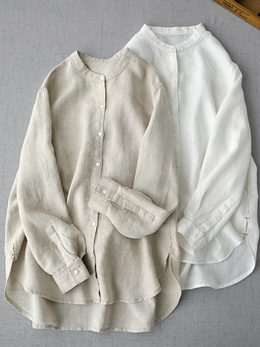 

Loose Fit Linen Shirt Women's Autumn Long Sleeve Stand Collar Cardigan Top Versatile Casual Comfortable plus Size Inner Wear
