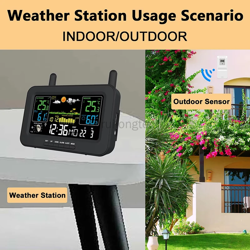 Estación meteorológica inteligente, medidor de humedad y temperatura Hi/Lo, despertador DCF, calendario, pronóstico de presión atmosférica, salida de puerto USB