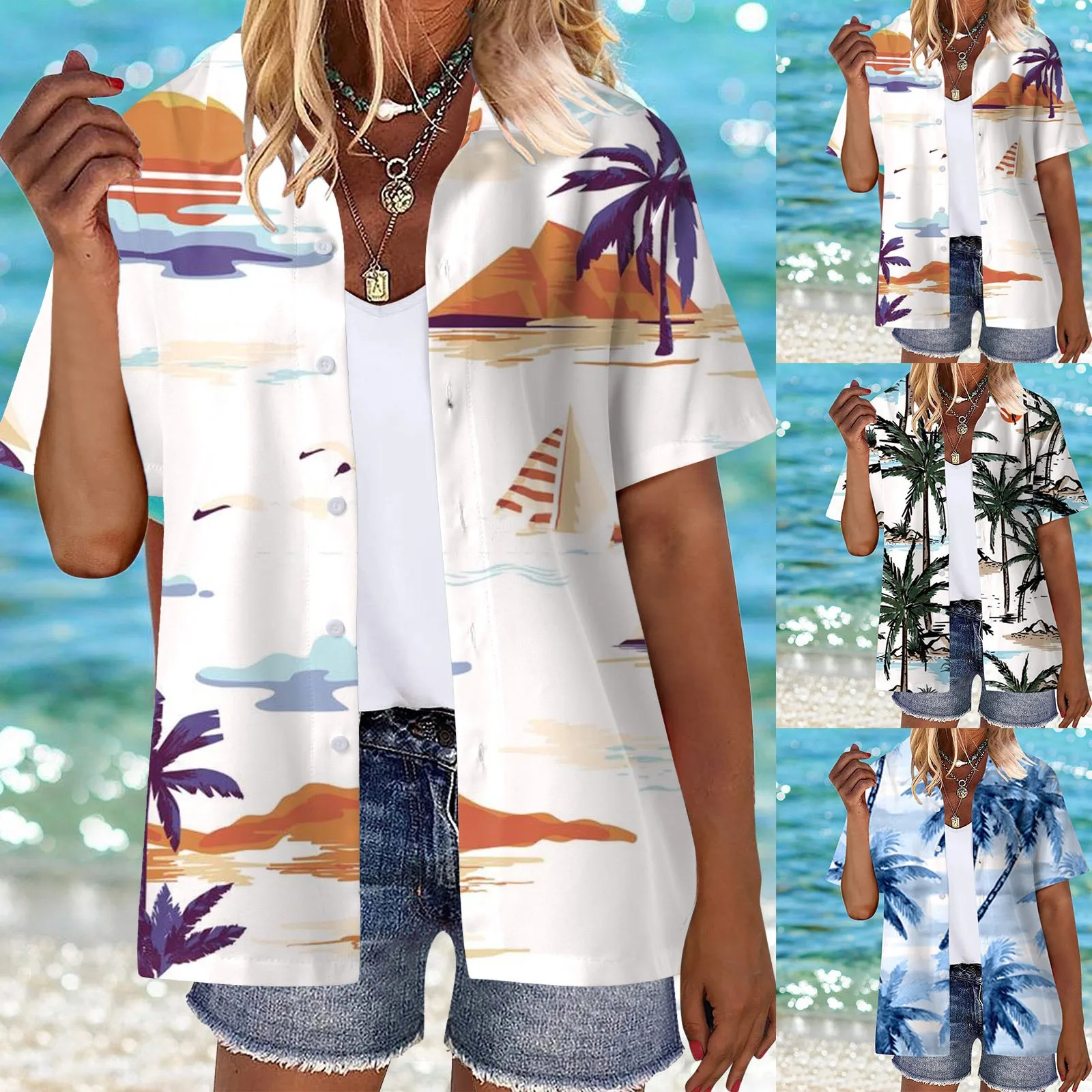 Hawaii Shirts Women Summer Floral Coconut Palm Print Short Sleeve Button Up Blouse Harajuku Boho Beach Oversized Blusas Mujer