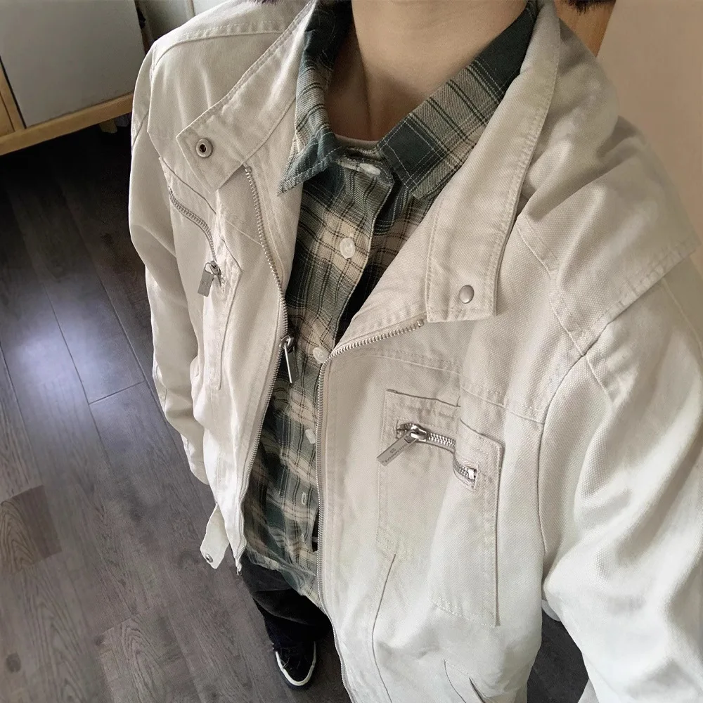 Spring Autumn New Fashion Men's Americanhigh Street Vintage Multi Pocket Solid Color Stand Collar Jeans Jacket Canvas Coat Male