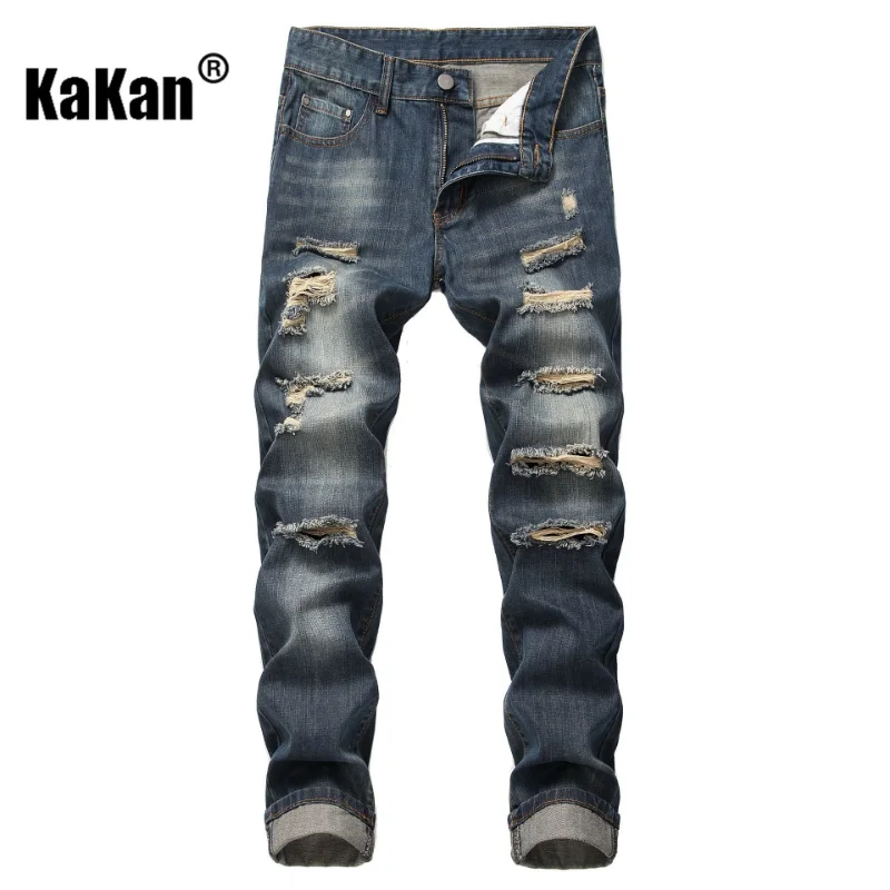 Kakan - Holed Straight Fit Bulletless Men's Jeans, European and American New Wear and Tear Jeans K010-305