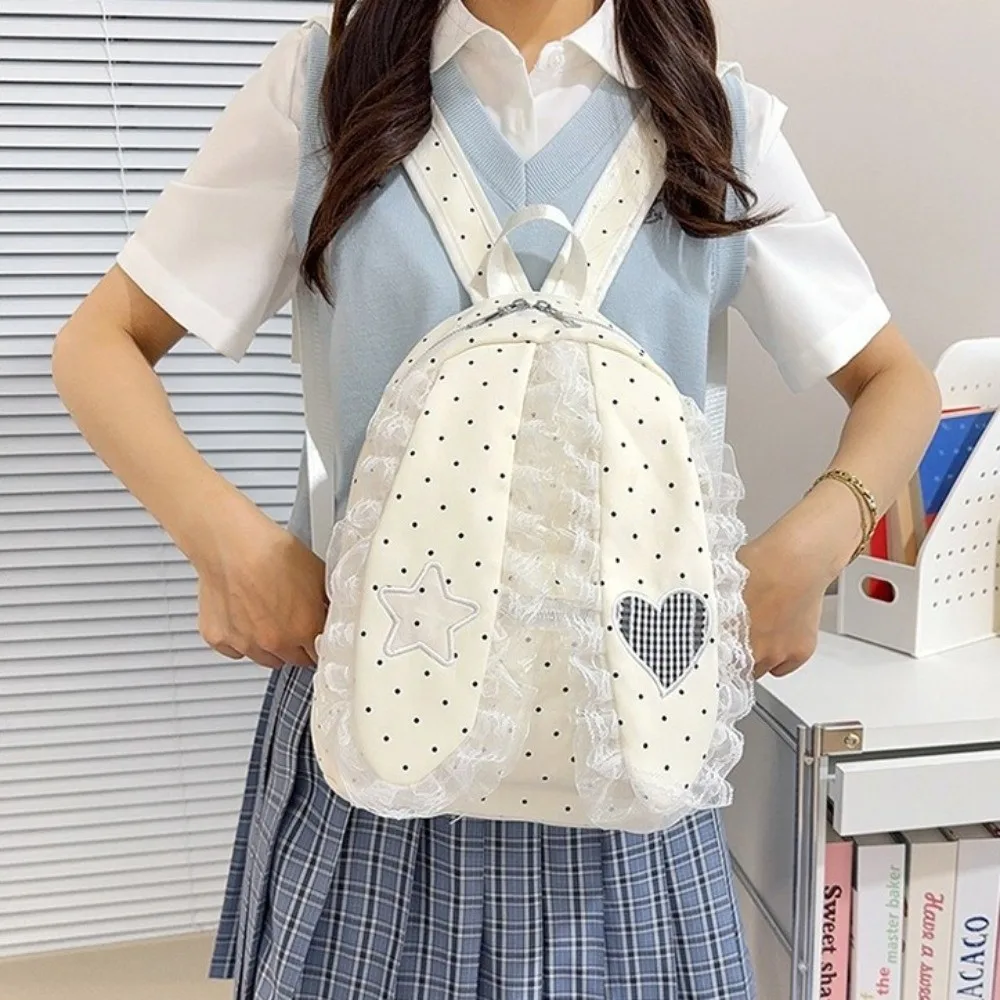 Sweet Star Bunny Ear Backpack Love Heart Lace Rabbit Ear School Bag Korean Style Large Capacity Polka Dot Backpack Girls