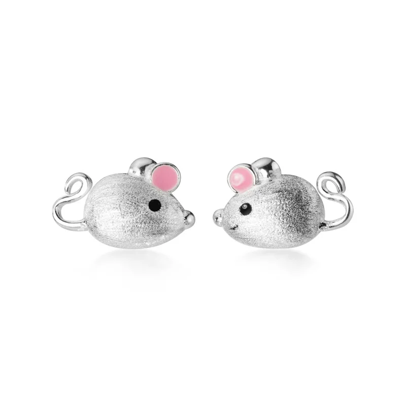 RYJ Fashion  Cute Sweet Animal Mouse Stud Earrings Women  925 Sterling Silver Funny Jewelry Wedding Jewelry Summer Daily Jewelry