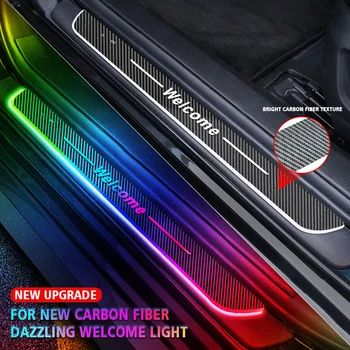 Fibra de carbono personalizado porta do carro iluminado logotipo do peitoril rgb lâmpada do projetor sem fio led pedal bem vindo placa chinelo do carro pedal luz
