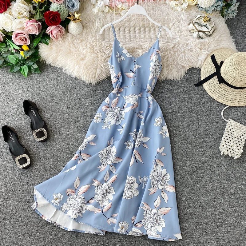 Summer Women's Maxi Dress For Beach Girls Evening Prom Vestidos Boho Vintage Sundress Vacation Skirt V-Neck Sling Long Dresses