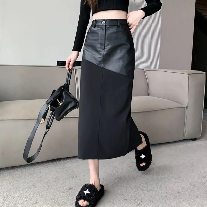 PU leather patchwork skirt for women's autumn and winter 2022 new high waist mid length rear split hip wrap skirt  harajuku