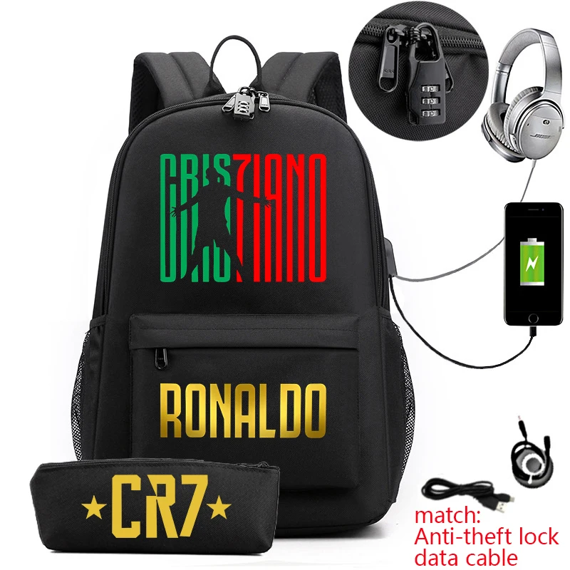 Ronaldo print borsa da scuola primaria e secondaria zaino per giovani borsa da viaggio USB con serratura antifurto