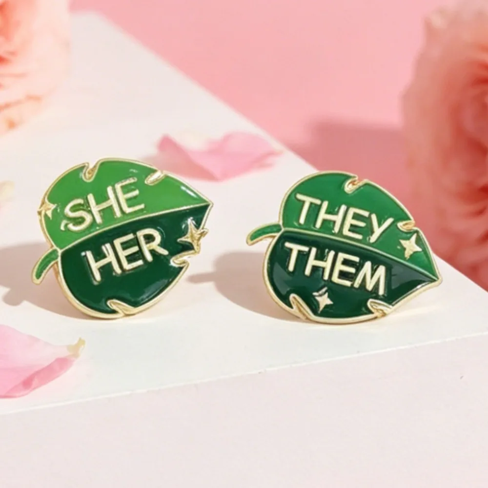 Monstera Leaf Pronoun Enamel Pins, She/Her They/Them Green Plant Lapel Brooches