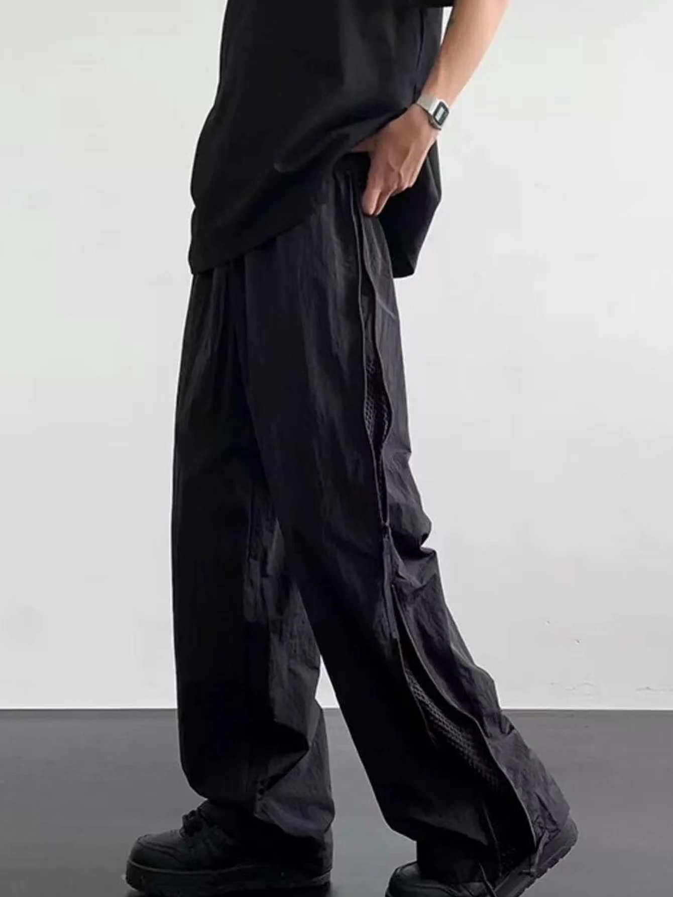 

Men's Sports PantsVentilated Techwear! Men's Black Nylon Pants with Mesh Side Split – Loose Fit Streetwear Trousers,