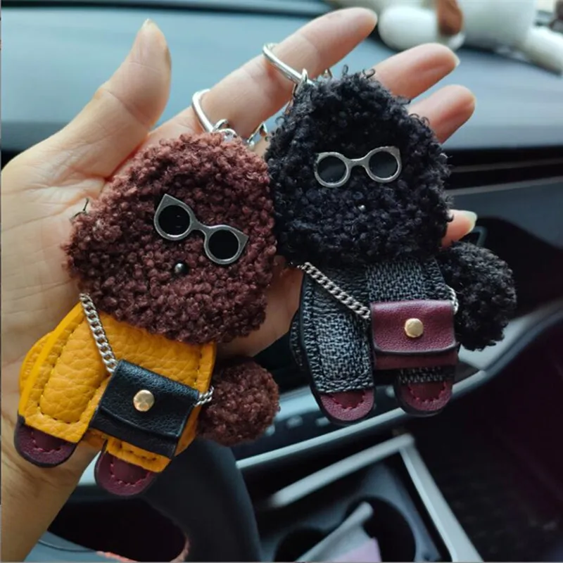 Cute Dog PU Leather Keychain Fashion Women Handbag PU Leather Poodle Keychain Pendant Bag  Men\'s Car Key Ring Key Chain Pendant