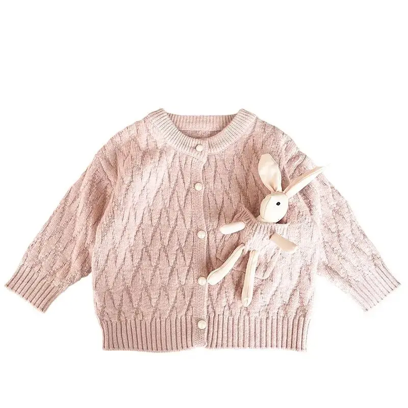 Baby Girls' Sweater Spring and Autumn 3D Pocket Rabbit Children's Texture Knitted Cardigan Coat