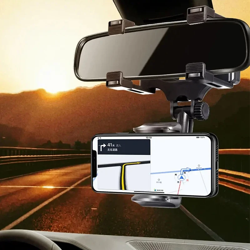 360 Degree Rotate Car Rearview Mirror Phone Mount Firm Clamp Adjustable Mobile Phone Holder For Vehicle GPS Navigation Accessory