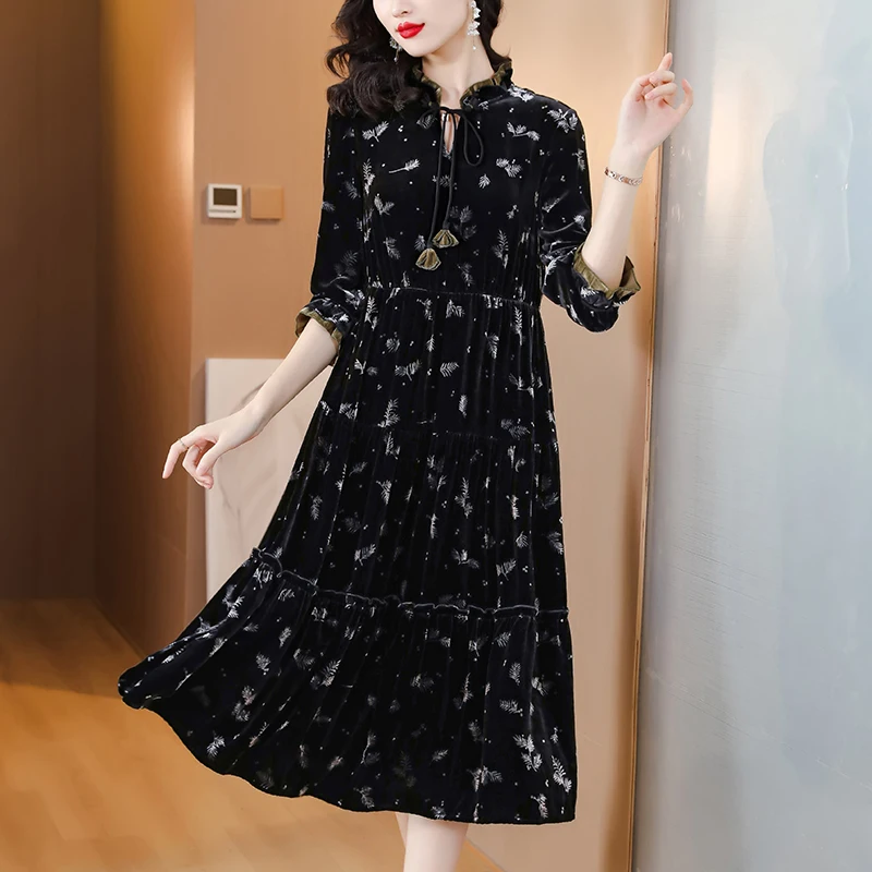 2023 New Silk Velvet V-Neck Dress for Women\'s Loose Large Flower Print Waist Waist Slim Long Sleeve Knee Long Dress Gown