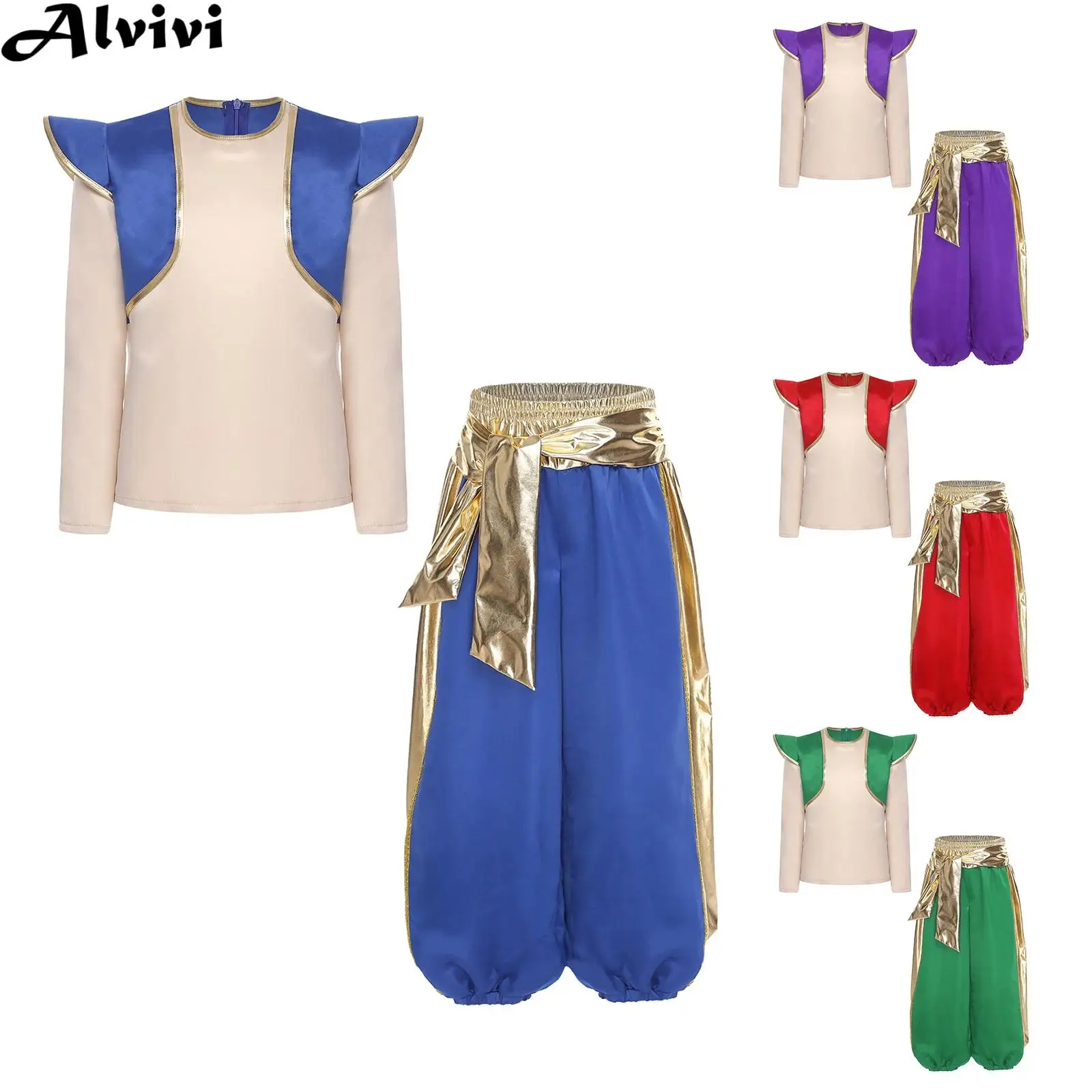 

Teen Boy Long Sleeve Shirt Top Harem Pants Halloween Theme Party Fairy Tales Arabian Prince Lamp Elf Cosplay Performance Costume