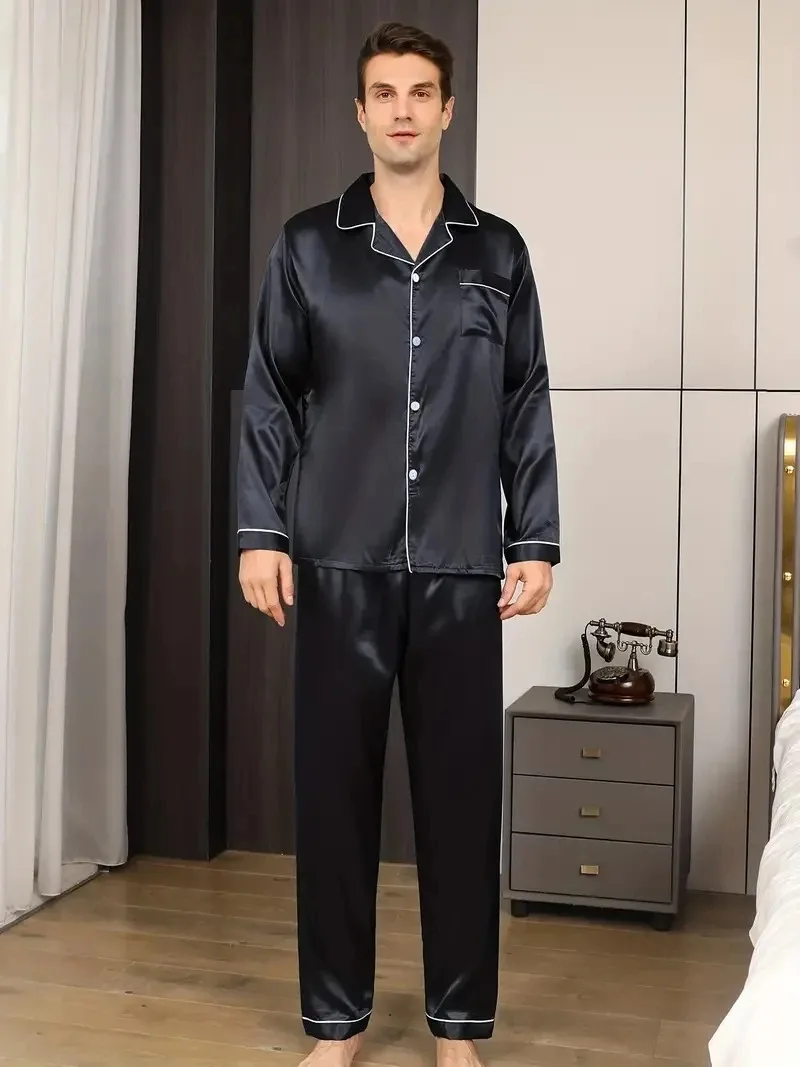 New Men Pajama Sets Spring Silk Satin Solid Color Men\'s Pajamas Big size Long Sleeve Pants Male Home Suit Sleepwear for Sleeping