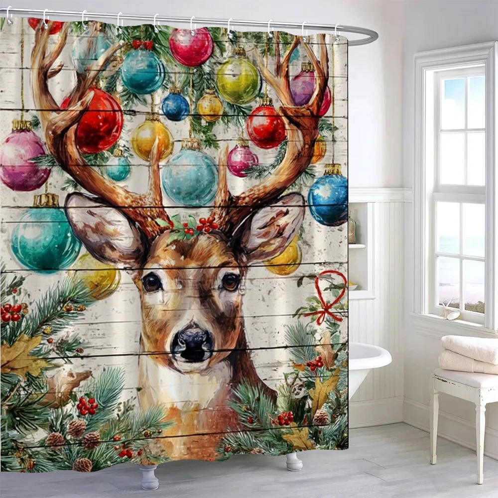 

Cartoon Belled reindeer Shower Curtain, Bathroom Curtain, Merry Christmas Shower Curtain, home decoration Curtain with Hooks