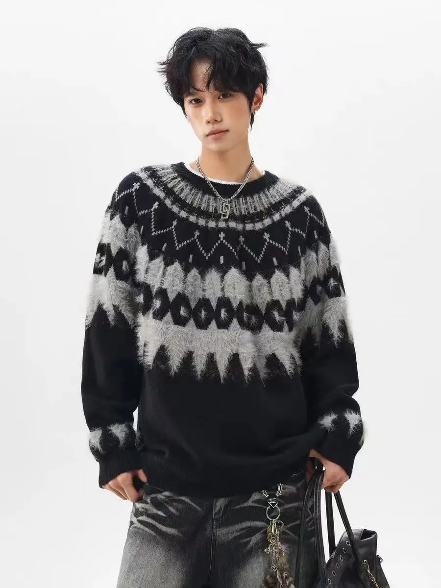 

Осень-зима, свободный мужской круглый вязаный свитер, цветной блузковый свитер с мотивом Fair Isle, повседневный трикотаж из полиэфирного волокна