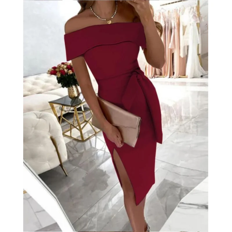 فستان صيفي أوروبي وأمريكي بياقة ربطة عنق وحزام عادي