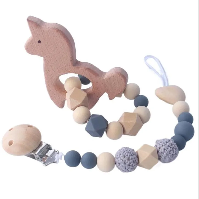 2pcs/set Wooden Horse Pacifier Holder BPA Free Wood Holder Teething Beads Chain Baby Accessory