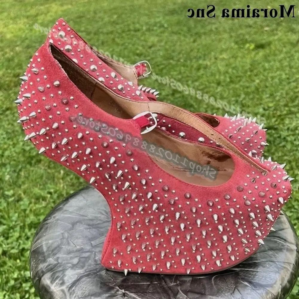 

Occidental Solid Rivet Platform Shallow Pumps Strange Style Heel Shoes For Women Ankle Buckle Strap Round Toe Zapatos Para Mujer
