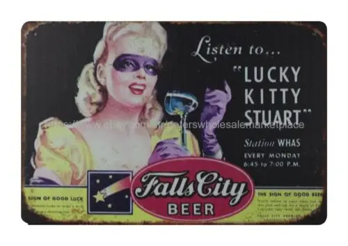 old reproductions Lucky Kitty Stuart Falls City beer metal tin sign