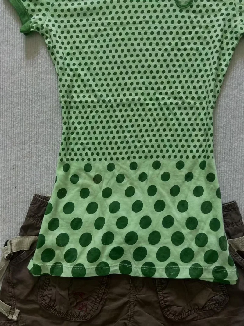 Kimotimo Y2k Aesthetic Gradient Polka Dot Short Sleeve T-shirts Women Vintage Green Slim Puff Sleeve Tops Harajuku Fashion Tees
