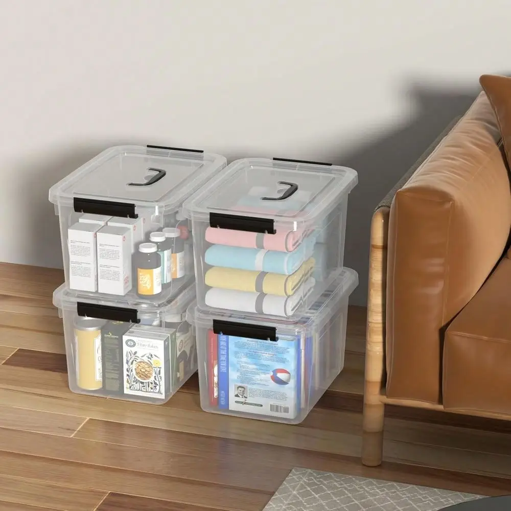 

Quarts Stackable Plastic Storage Latches Box With Lid, Clear Latching Storage Bin With Handle, 4 Packs