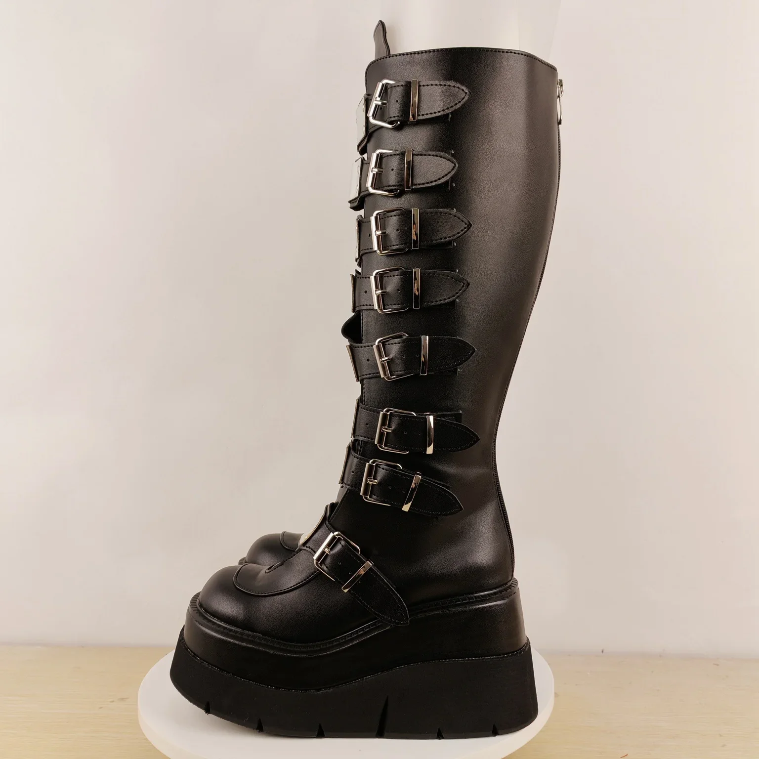 Faux Leather Metallic Riveted Straps Multi buckle Knee High Platform Boots Matte Chunky Sole Round Toes Street Women Shoes