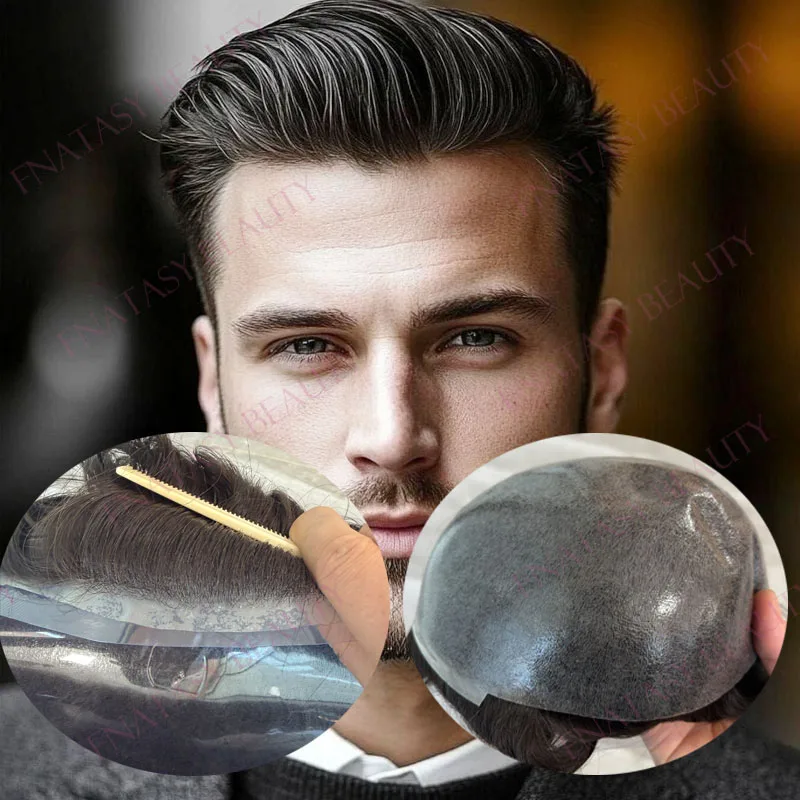 

Незаметный парик-накладка для мужчин из 100% натуральных человеческих волос, черный, с имитацией кожи головы, суперпрочный, с естественной линией роста волос, прямые/волнистые мужские парики