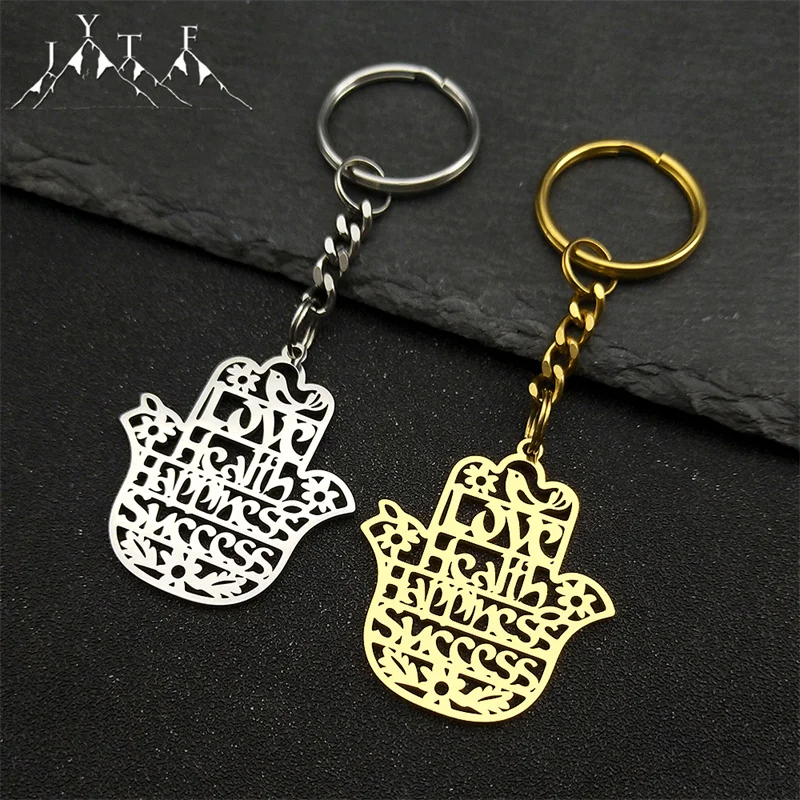 Love Health Happiness Success Hand of Fatima Hoop Key Chain Women Men Stainless Steel Gold Color Bird Flower Key Ring Jewelry﻿