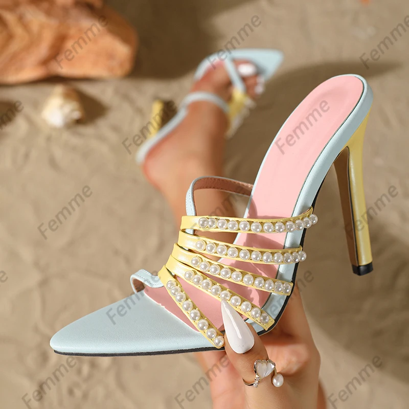 Femme Artisan Crafted Baby Blue Mules - Crystal Embellished Heeled Slides for Bridal Parties Size 35-42