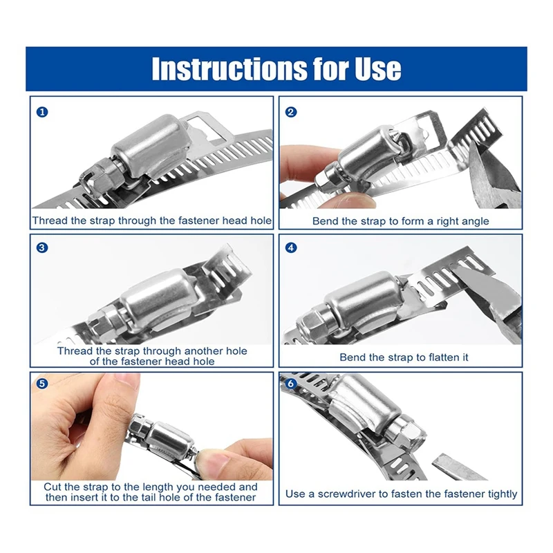 Hose Clamps 20FT Metal Strap+20 Fasteners DIY Cut-To-Fit Stainless Steel Band Clamps Adjustable Large Worm