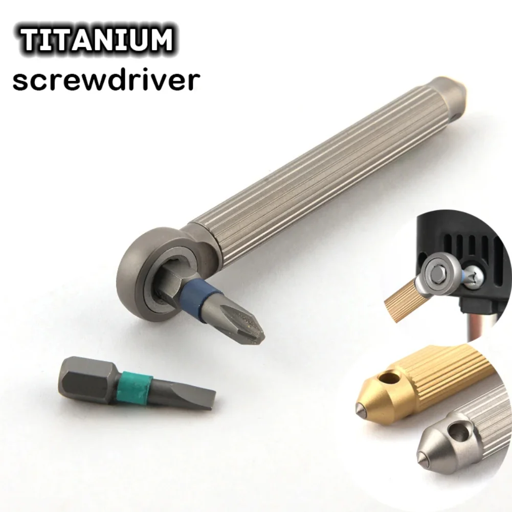 

NEW Titanium Alloy Brass Ratchet Wheel Screwdriver With 2PCS S2 Bit EDC Riding Equipment Tungsten Head Broken Window Gadget