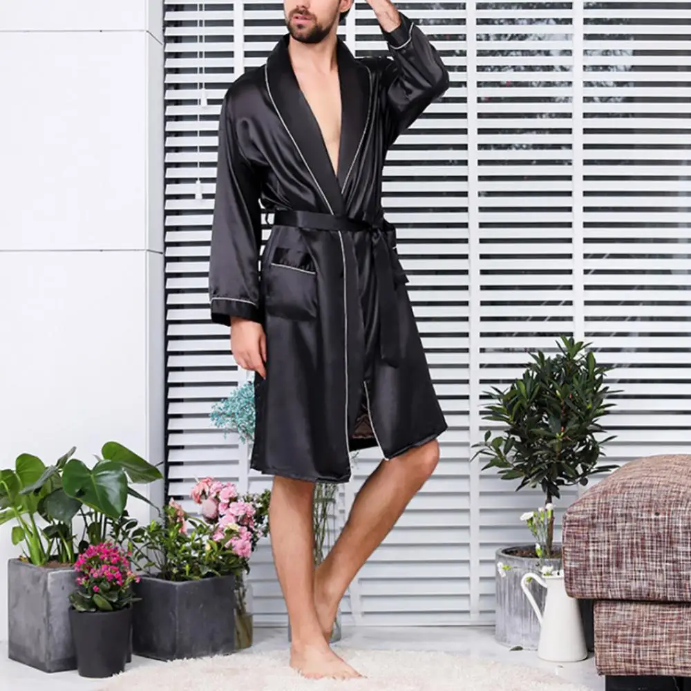 Sleepwear Pockets Belt Men Summer Imitation Silk with Waist Bath Robe Home Gown Sleepwear