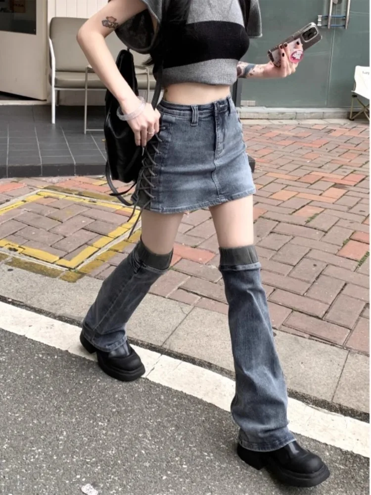 

2024 Summer New Slim Fit Lace Up Bodycon Skirts Y2k Grunge High Waist Denim Skirt for Women+ Leg Warmer Two Piece Sets