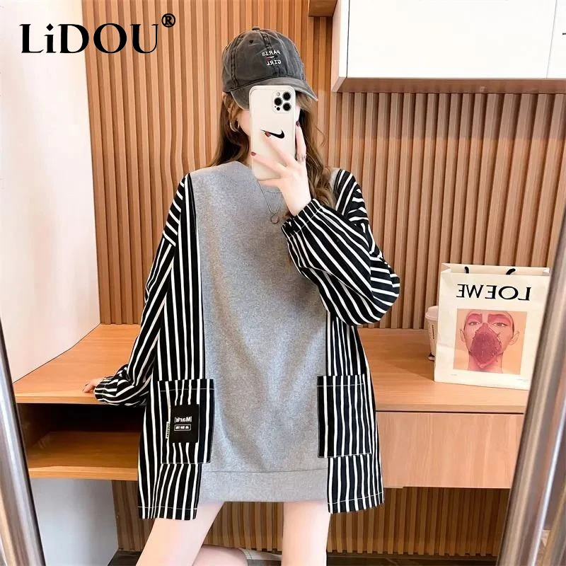 Autumn Winter Korean Style Harajuku Y2K Striped Patchwork Loose Sweatshirt Ladies Casual Fashion All-match Pullover Top Women