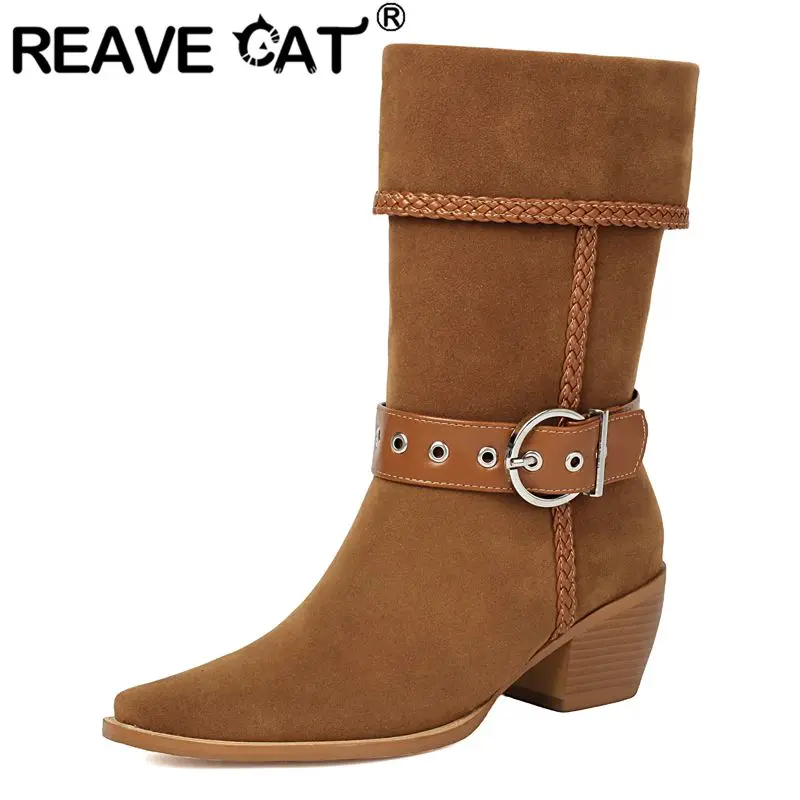 

REAVE CAT Flock Suede Women Mid Calf Boots Pointed Toe 5cm Block Heel Slip On Belt Buckle Retro Winter Bota Large Sizes 41-42