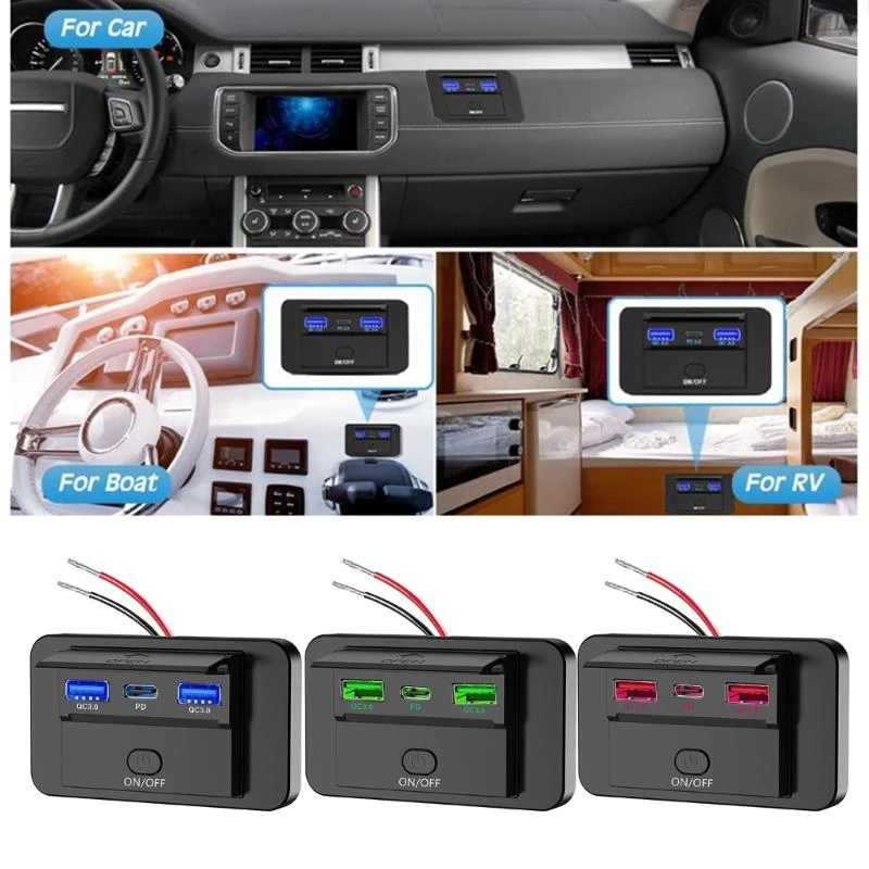 محول شاحن 12V-24V شحن شحن المقبس مع منافذ QC3.0 USB و PD3.0 من النوع C ، مقاوم للماء للسيارات البحرية
