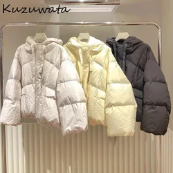 Kuzuwata Hooded Long Sleeve Sweet Parkas Coat All-match Loose Zip Elegant Drawstring Jacket Japan New Fashion Soft Outwears